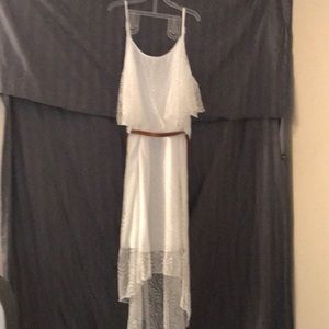 White spaghetti strap lace dress with brown belt